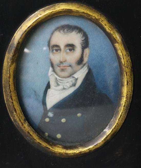 19th Century English School, miniature portrait of a gentleman wearing a white stock and blue coat 13.5 x 12cm